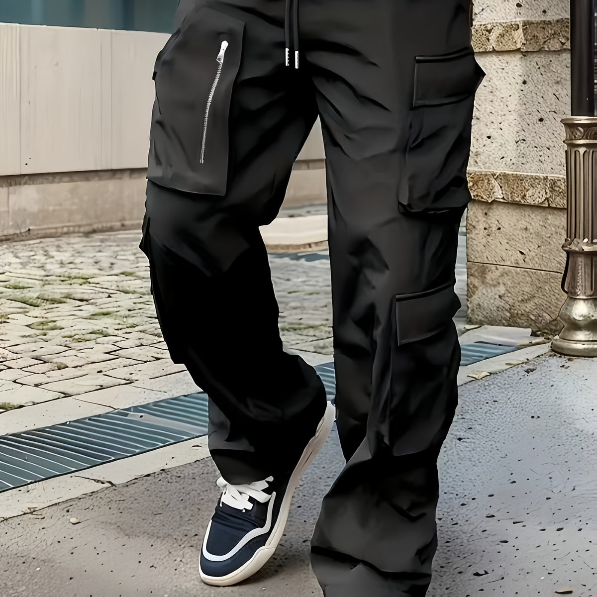 Pantalon cargo noir pour homme – Jogging d'extérieur coupe ample multi-zips pour le printemps/l'automne