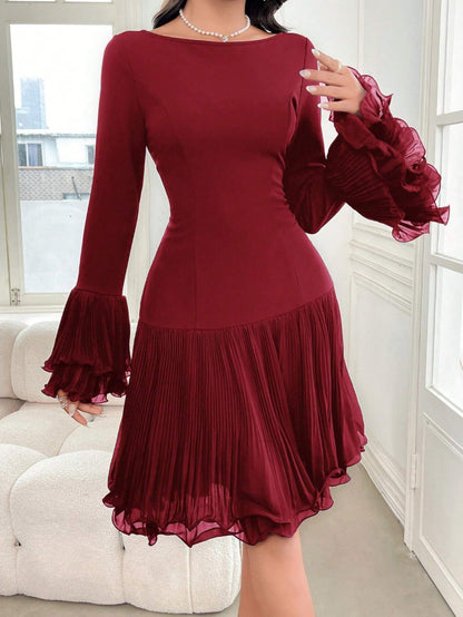 Burgundy Bardot Ruffle Dress – Elegant Vintage Party Midi Dress