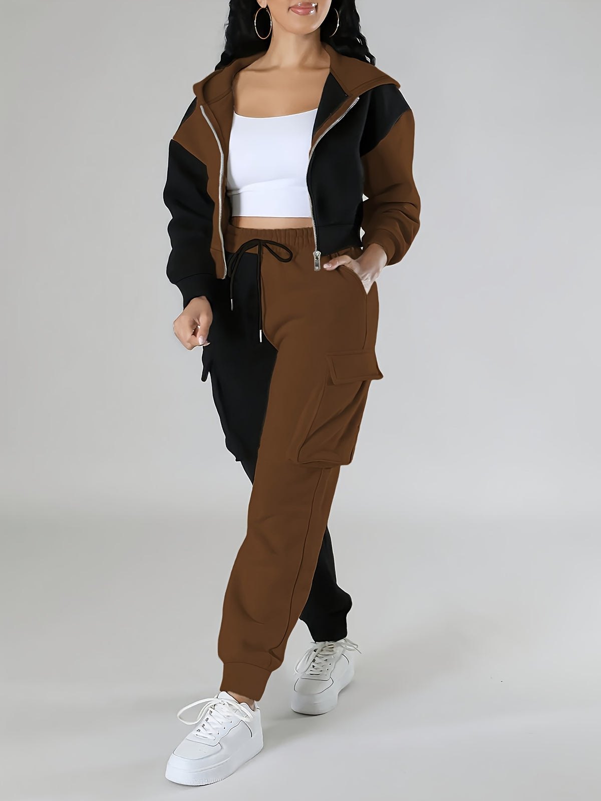 Colorblock Hooded Jacket & Cargo Pants Set – Women’s Zip-Up Two-Piece