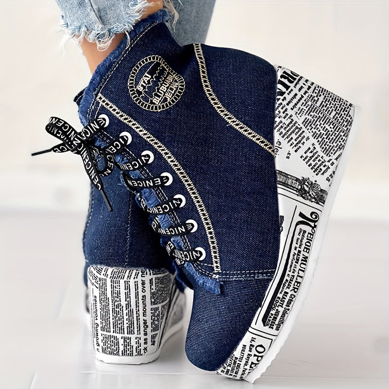Bottines à talons épais scintillantes pour femmes – Bottines à lacets avec cœur en dentelle