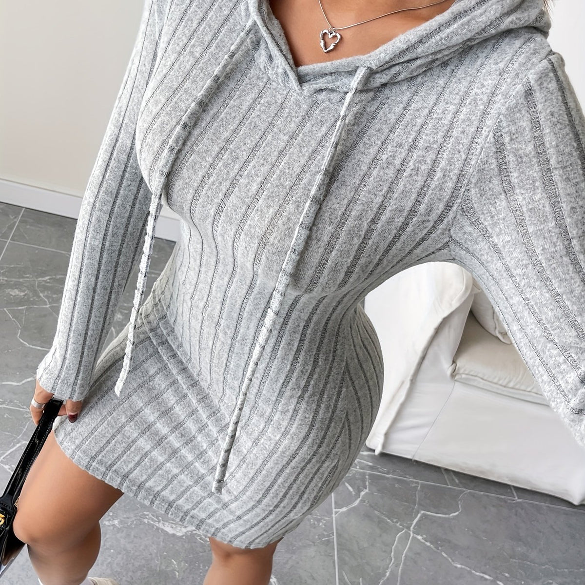 Women’s Ribbed Hooded Bodycon Dress – Drawstring Long Sleeve Pencil Fit