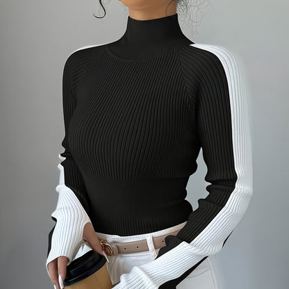 Women’s Color Block Turtleneck Sweater – Elegant Soft Knit Top