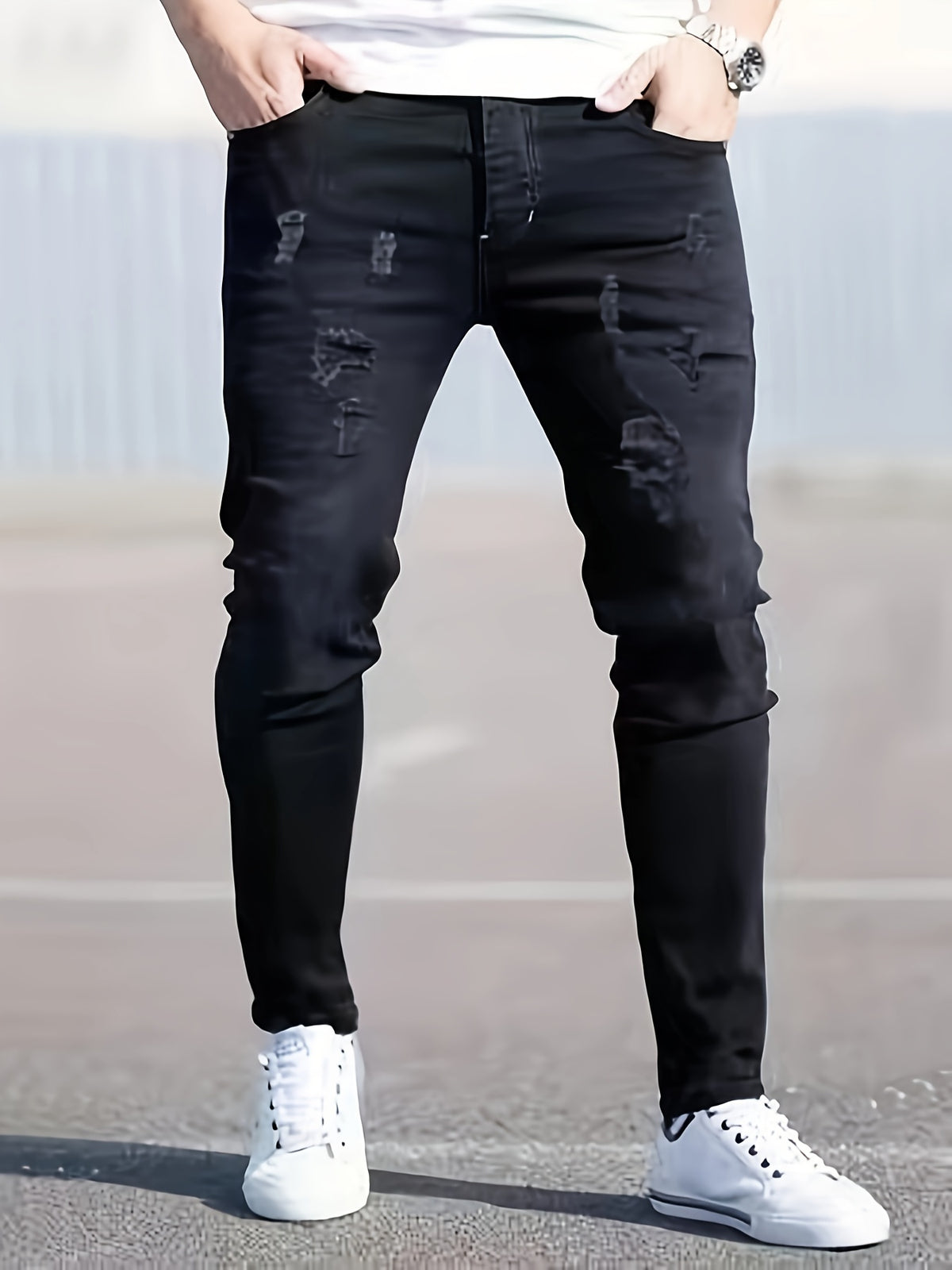 Jean slim noir délavé pour homme – Jean stretch déchiré pour toutes les saisons