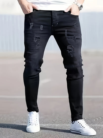 Jean slim noir délavé pour homme – Jean stretch déchiré pour toutes les saisons