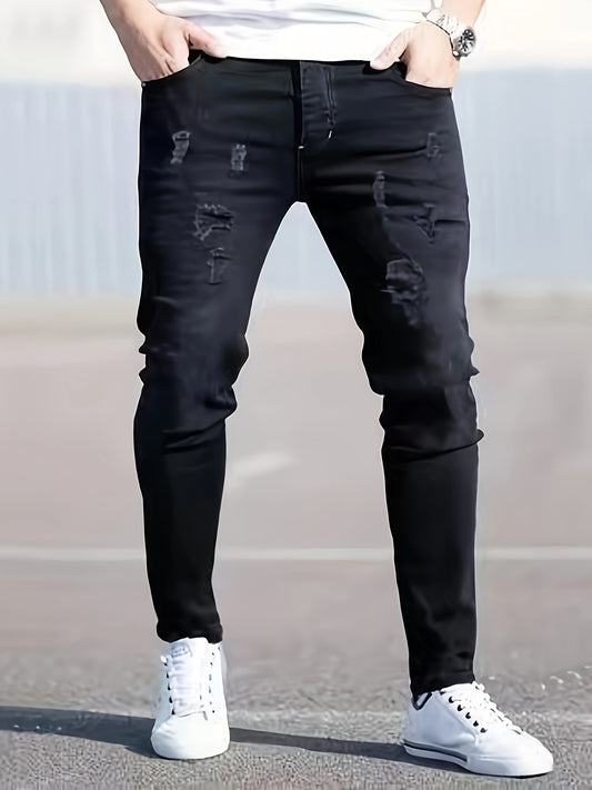Jean slim noir délavé pour homme – Jean stretch déchiré pour toutes les saisons
