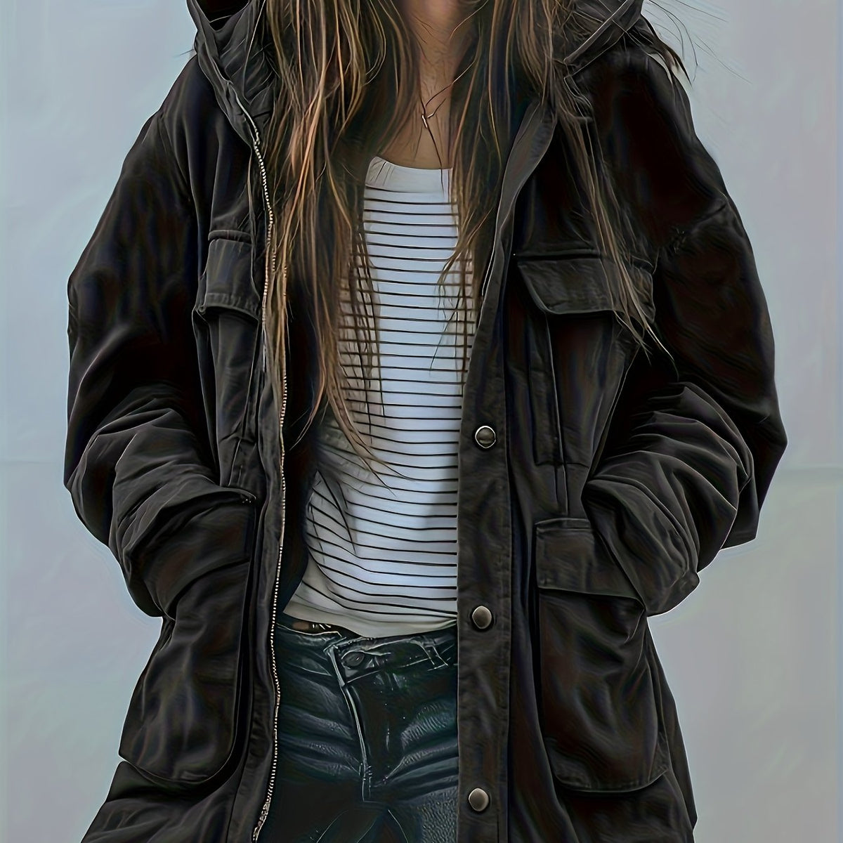 Veste à capuche robuste pour femme, vert olive – Manteau de travail épais toutes saisons