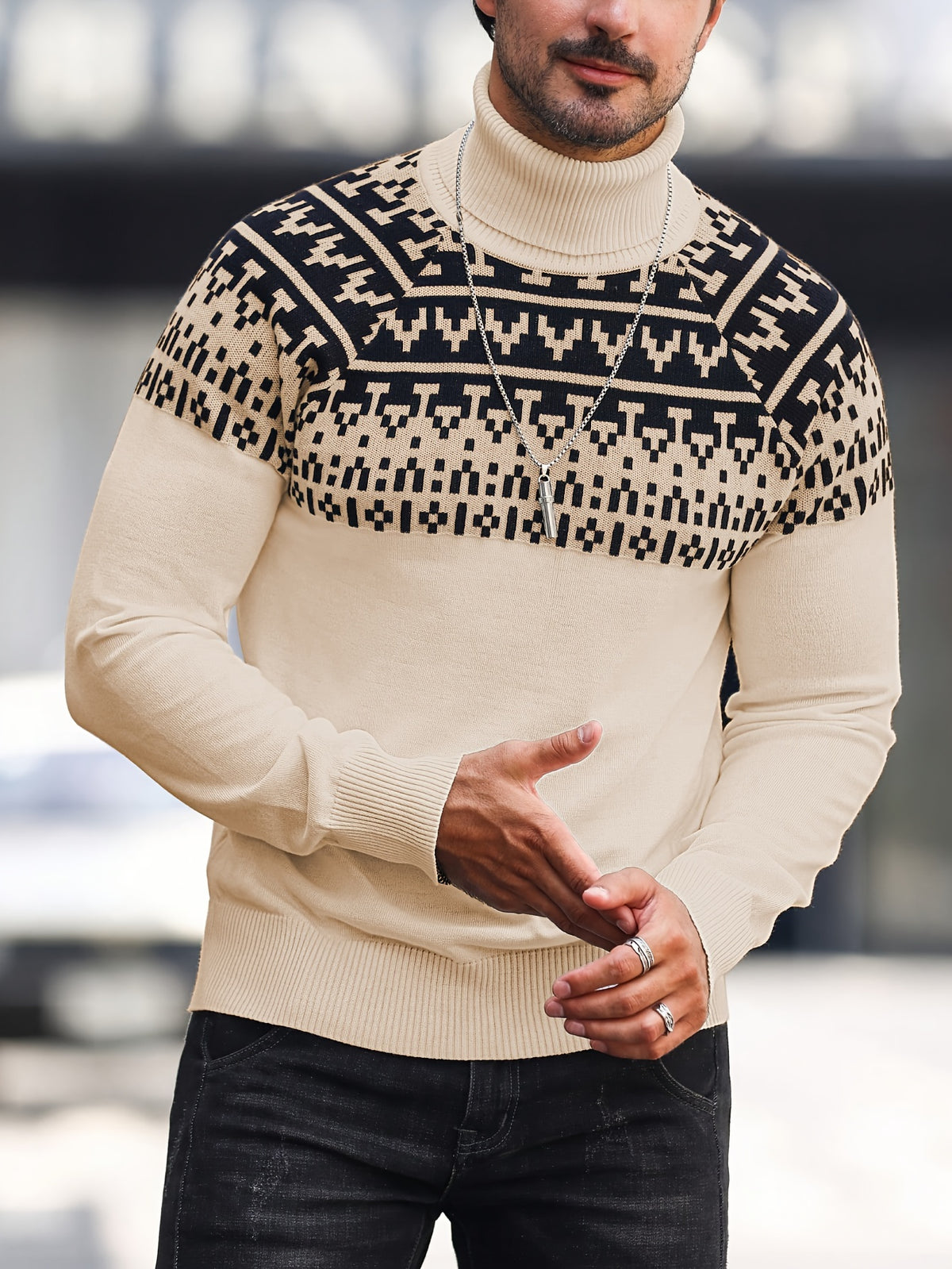 Men’s Geometric Turtleneck Sweater – Casual Knit Pullover for Fall & Winter