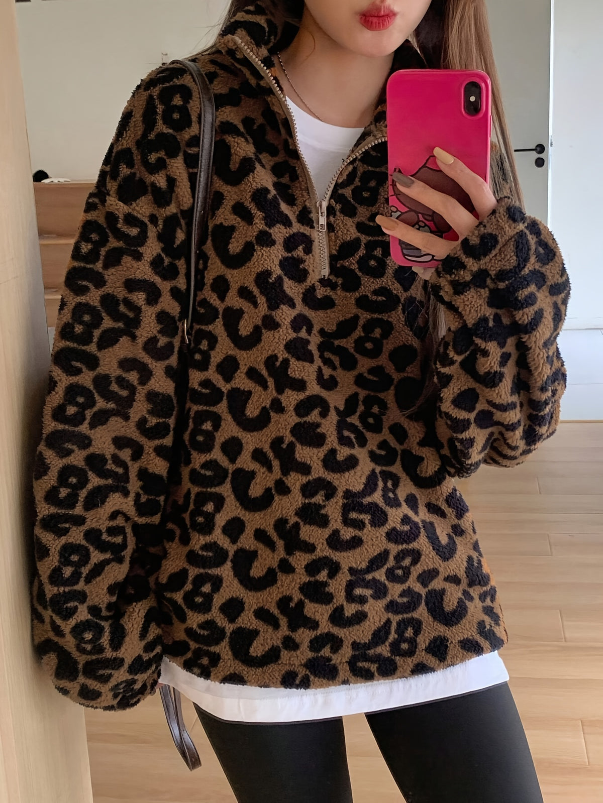 Sweat à Capuche Élégnant en Peluche Imprimé Léopard – Veste Doublée Polaire Douce à Fermeture Éclair