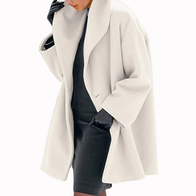 Women’s Loose Woolen Sweater Coat – Casual Round Neck Winter Jacket