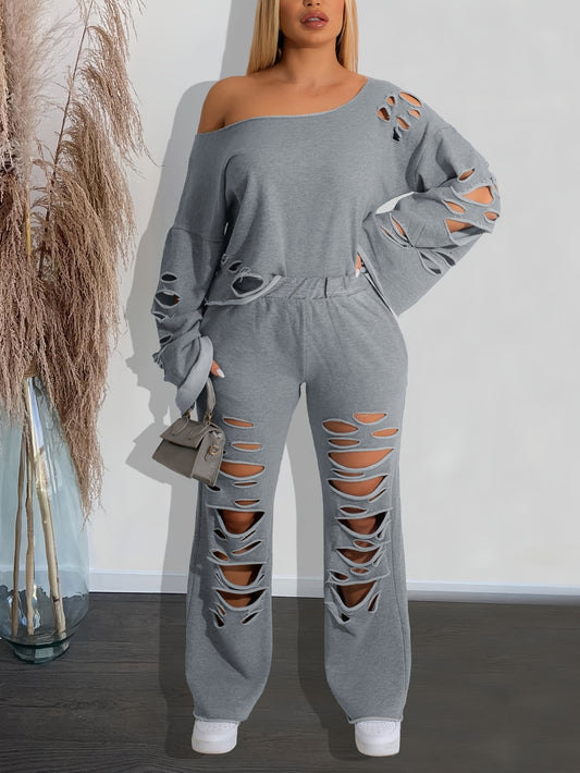 Conjunto de 2 piezas para mujer, hombros descubiertos, efecto envejecido – Top de manga larga y pantalón rasgado