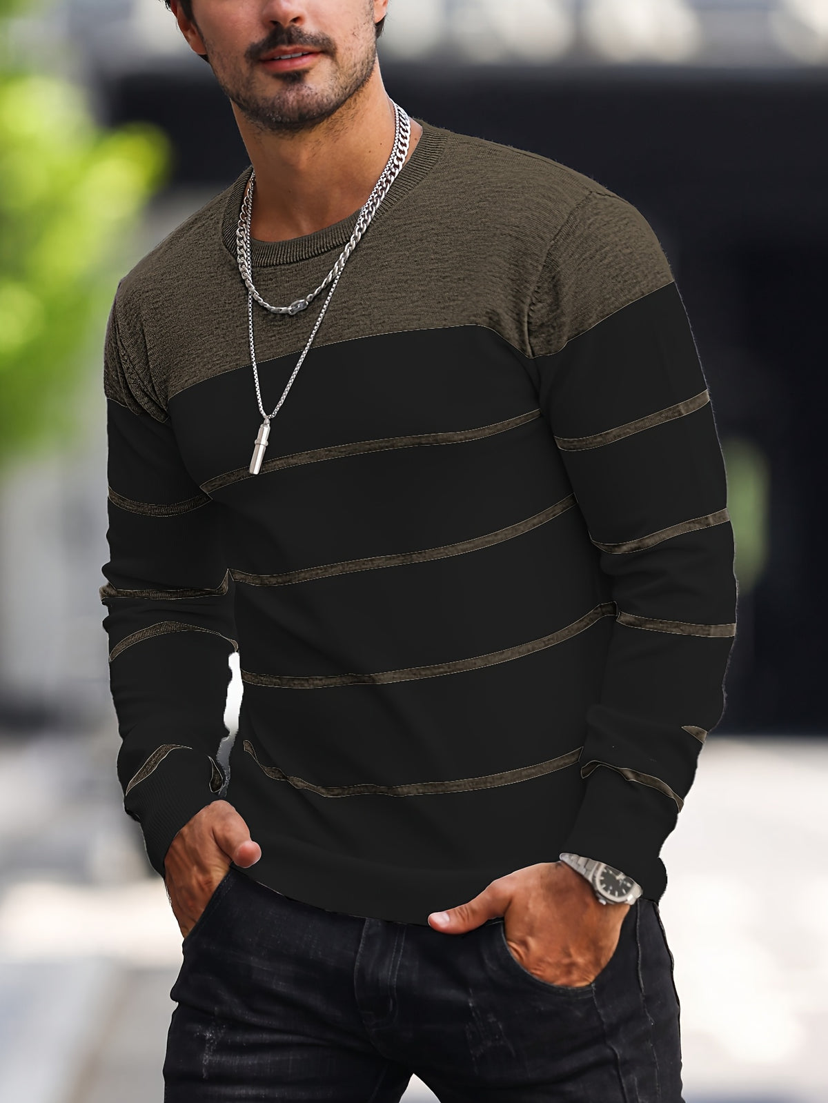 Men’s Navy Striped Knit Sweater – Casual Crew Neck Pullover