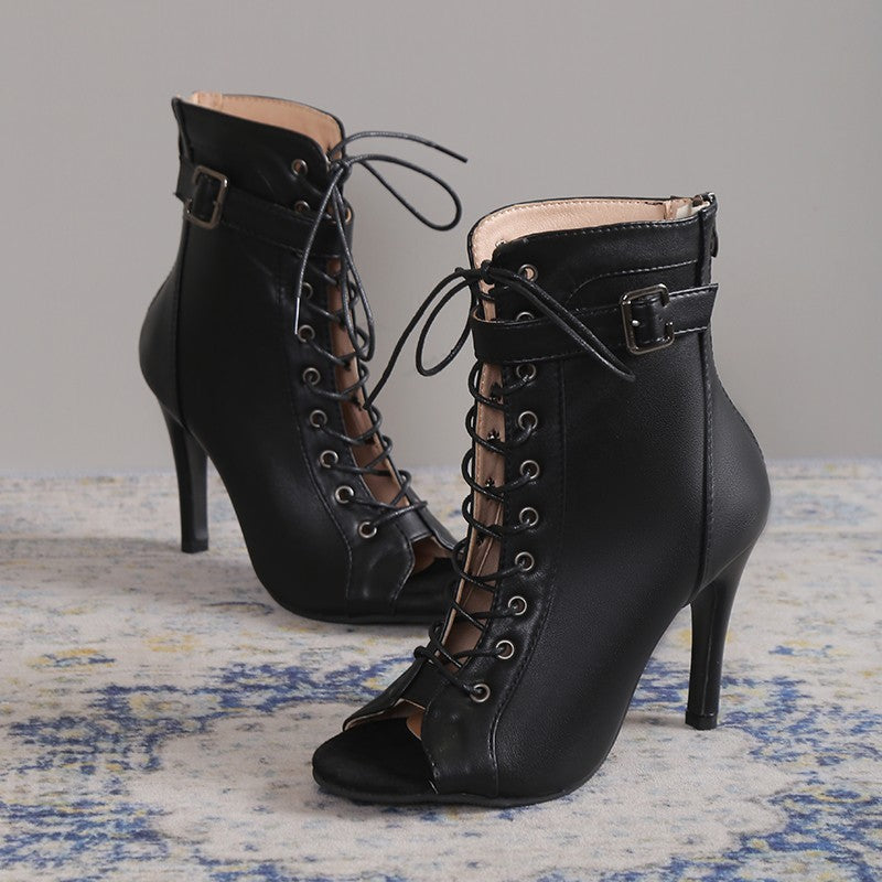 Loom & Soul™ Peep-Toe High Heels – Women’s Lace-Up Buckle Sandals with Back Zipper
