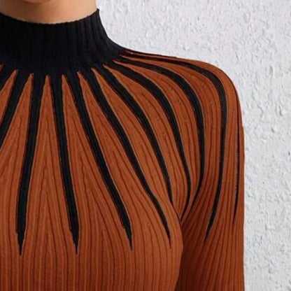 Women’s Slim Fit Mock Neck Sweater – Ribbed Striped Long Sleeve Knit
