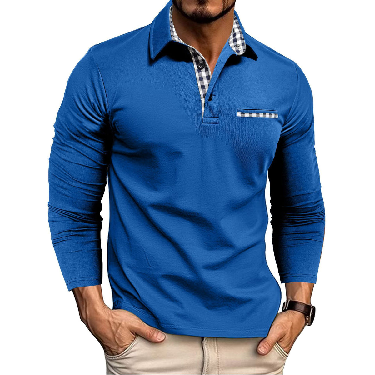 Polo à manches longues tissé et carreaux avec empiècements pour homme Loom & Soul™ – Haut décontracté de couleur unie