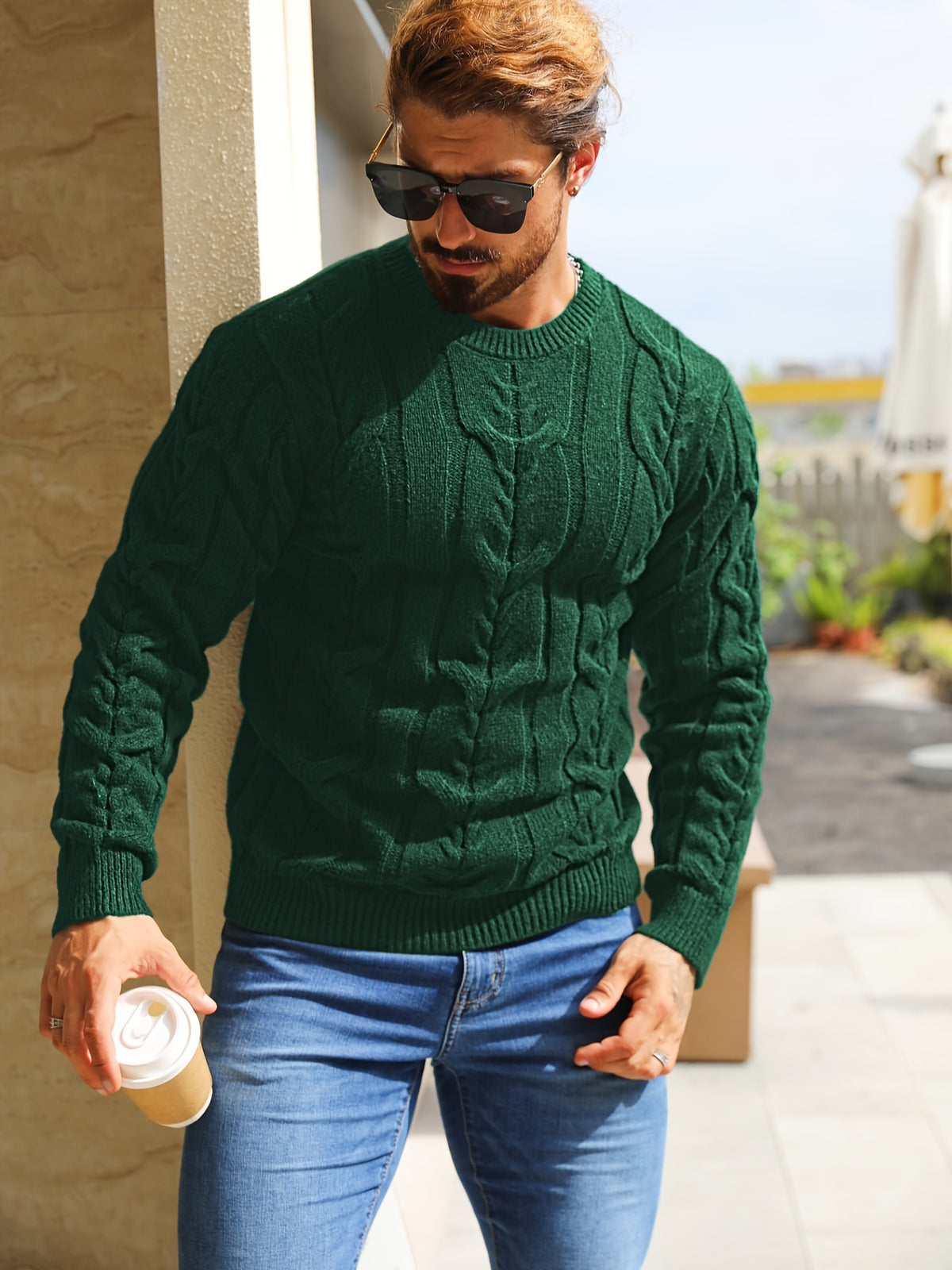 Suéter de punto a rayas para hombre – Suéter suave con cuello redondo y ribete acanalado