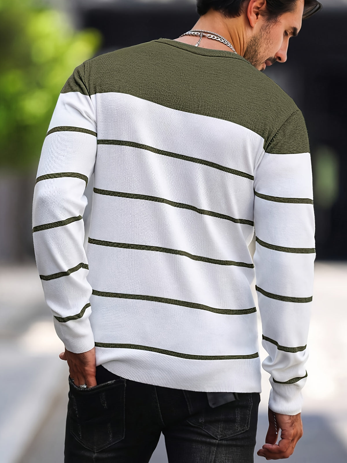Men’s Navy Striped Knit Sweater – Casual Crew Neck Pullover