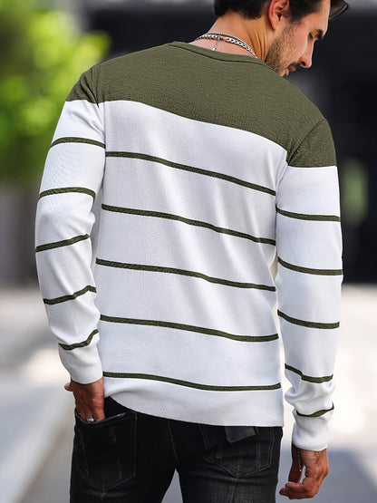 Men’s Navy Striped Knit Sweater – Casual Crew Neck Pullover