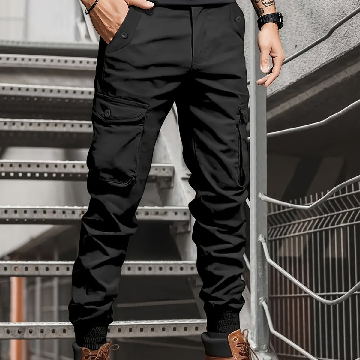 Men’s Olive Cargo Pants – Multi-Pocket Drawstring Utility Trousers