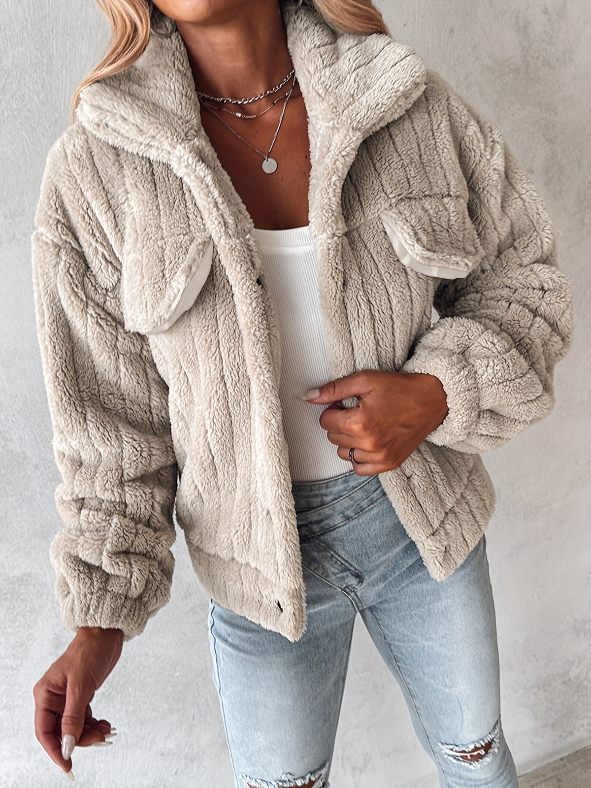 Women’s Soft Pink Plush Jacket – Button-Up Winter Coat with Lapel Collar