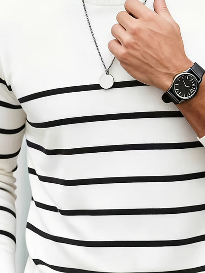 Men’s Striped Knit Sweater – Casual Crew Neck Streetwear Pullover