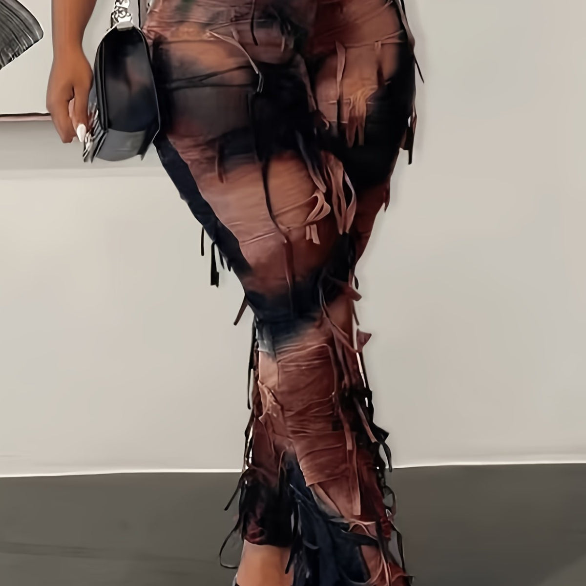 Tie-Dye Mesh Flare Pants – High-Waisted Fringe Detail Semi-Sheer Trousers