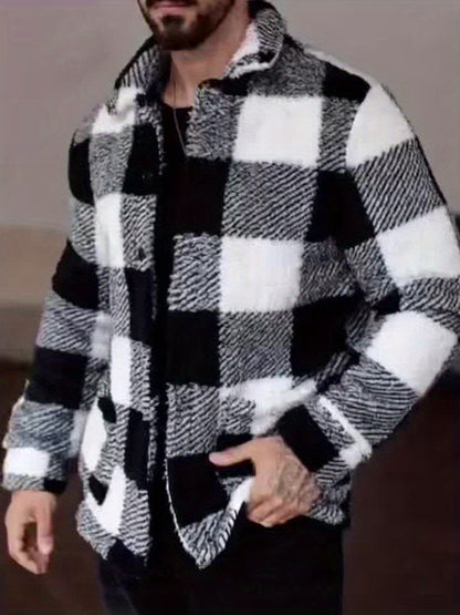 Men’s Black & White Plaid Fleece Jacket – Cozy Winter Overshirt