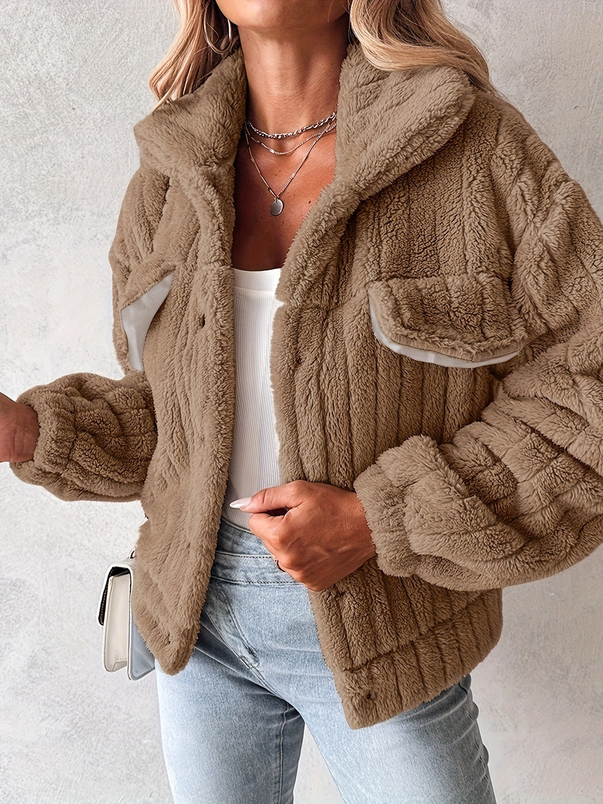 Women’s Soft Pink Plush Jacket – Button-Up Winter Coat with Lapel Collar