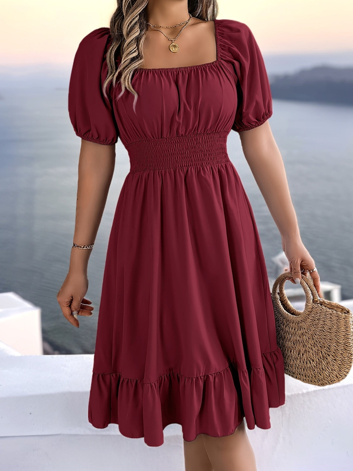 Vestido maxi de línea A con cuello cuadrado y mangas abullonadas – Elegante para primavera y verano