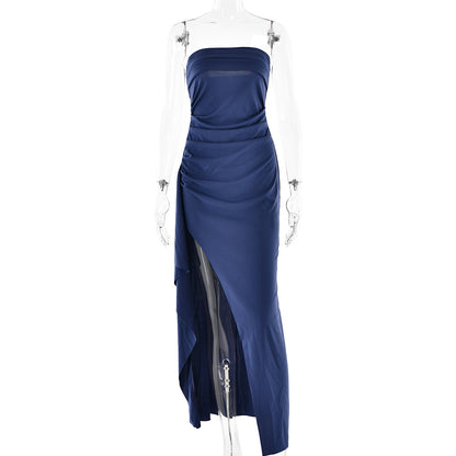 Robe longue plissée bustier – Robe de soirée de demoiselle d'honneur élégante fendue