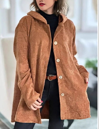 Veste à capuche en velours côtelé pour femme – Manteau chaud décontracté mi-long
