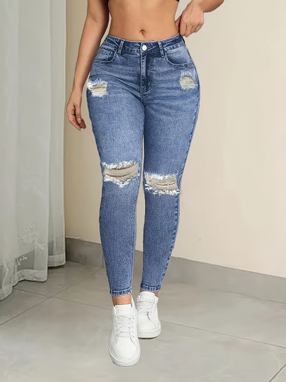 Pantalones ajustados de mezclilla elástica rasgados de cintura alta para mujer