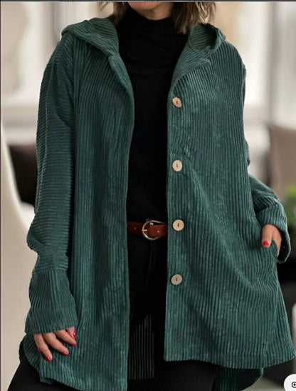 Veste à capuche en velours côtelé pour femme – Manteau chaud décontracté mi-long