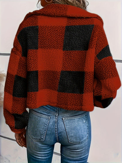 Manteau en peluche à carreaux pour femme – Vêtement d'extérieur chaud à carreaux pour l'automne/hiver avec boutons
