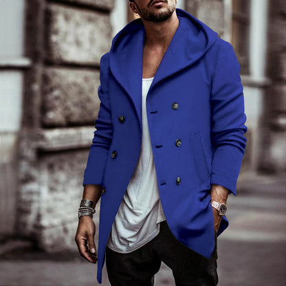 Men’s Hooded Double-Breasted Trench Coat – Mid-Length Loose Fit
