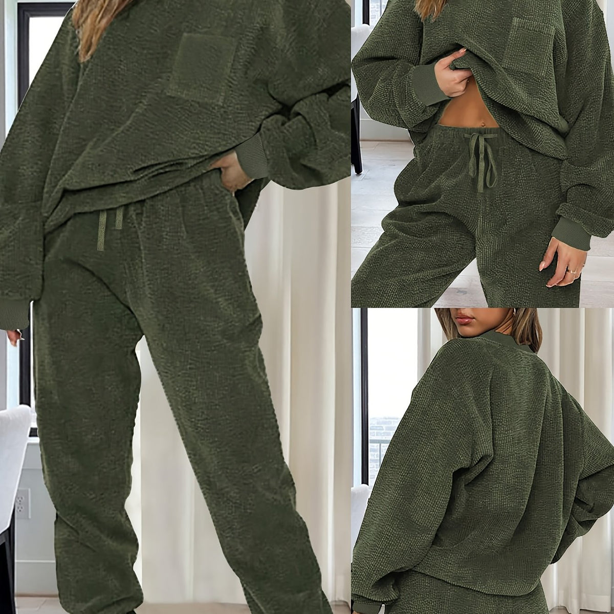Conjunto de dos piezas de color liso – Top de cuello redondo y pantalón con cordón para mujer