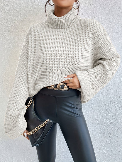 Women’s High-Neck Drop Shoulder Waffle Sweater – Vibrant Blue Knit