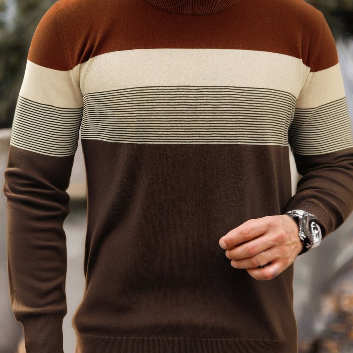 Chandail en maille rayé pour homme – Col rond classique à manches longues
