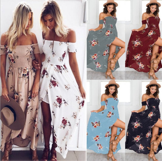 Vestido largo bohemio con hombros descubiertos – Vestido playero veraniego fluido para mujer