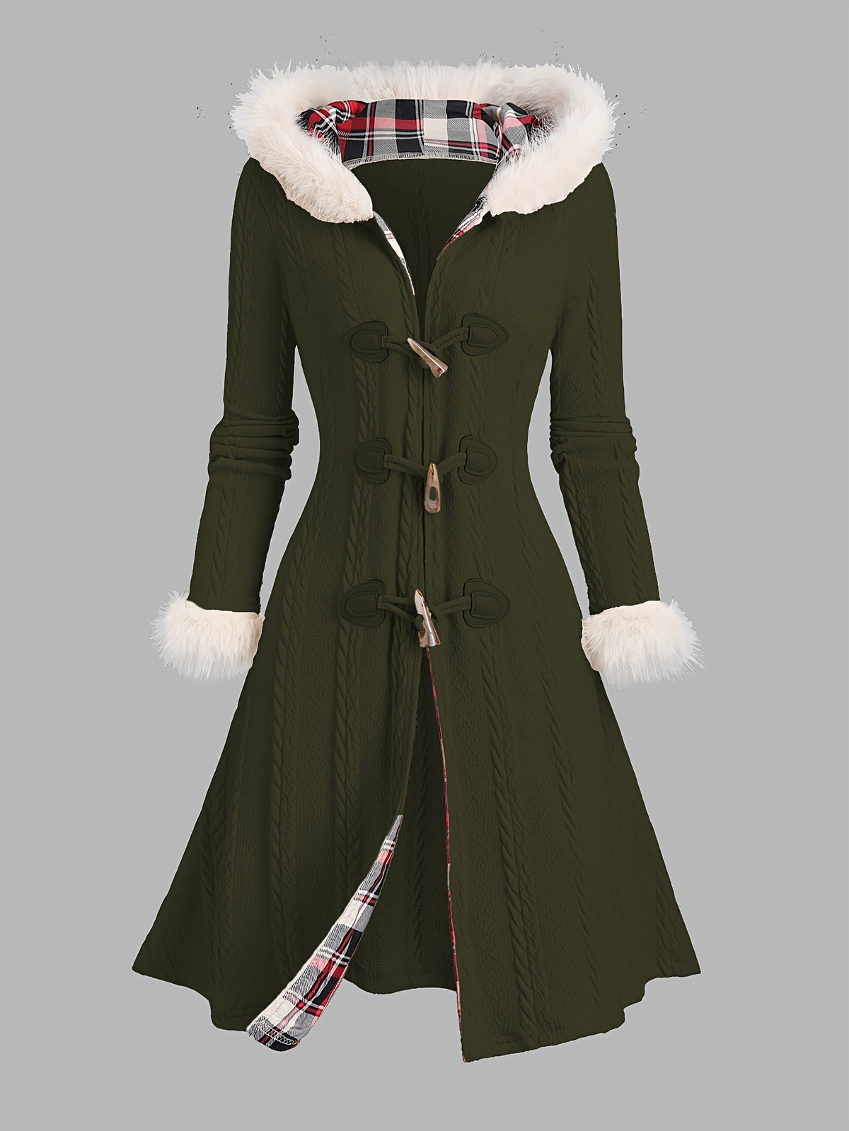 Manteau à capuche écossais Y2K pour femme – Veste longue d'hiver patchwork rouge et blanc