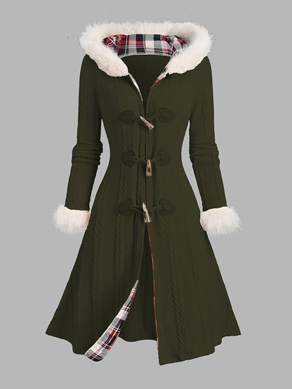 Manteau à capuche écossais Y2K pour femme – Veste longue d'hiver patchwork rouge et blanc