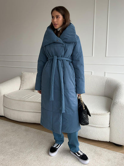 Manteau d'hiver à grand revers Loom & Soul™ pour femme – Longue veste matelassée en coton chaud avec ceinture et poches