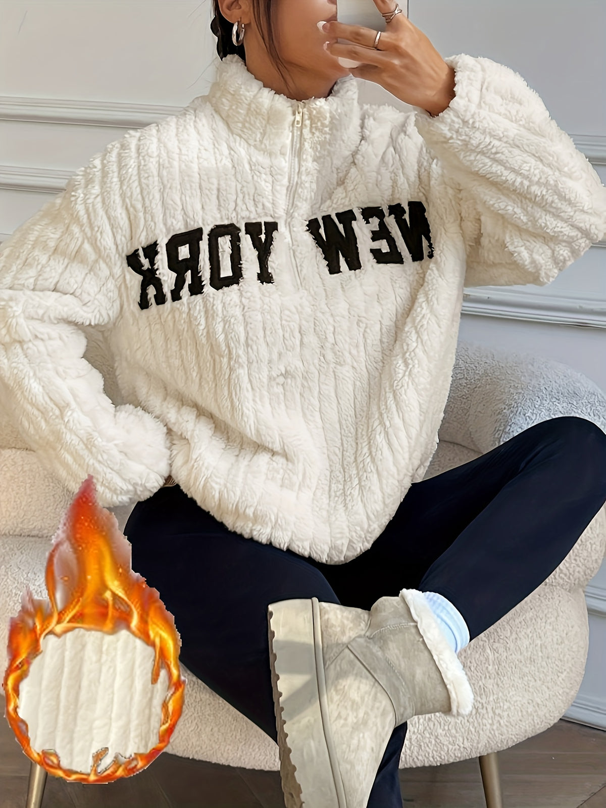 Manteau-pull élégant à fermeture éclair – Vêtement d'extérieur automne/hiver à col montant pour femme