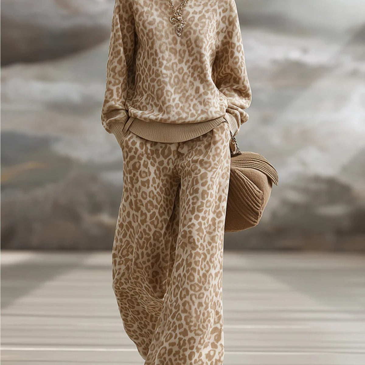 Women’s Leopard Print Set – Light Brown Loose Streetwear Outfit