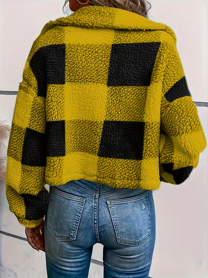 Manteau en peluche à carreaux pour femme – Vêtement d'extérieur chaud à carreaux pour l'automne/hiver avec boutons
