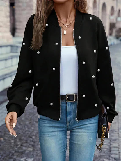 Veste de baseball ornée de perles – Vêtement d'extérieur élégant boutonné pour femme