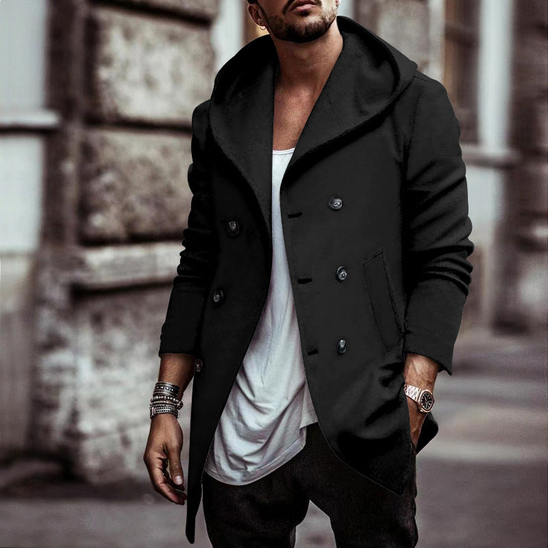 Men’s Hooded Double-Breasted Trench Coat – Mid-Length Loose Fit