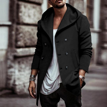 Men’s Hooded Double-Breasted Trench Coat – Mid-Length Loose Fit