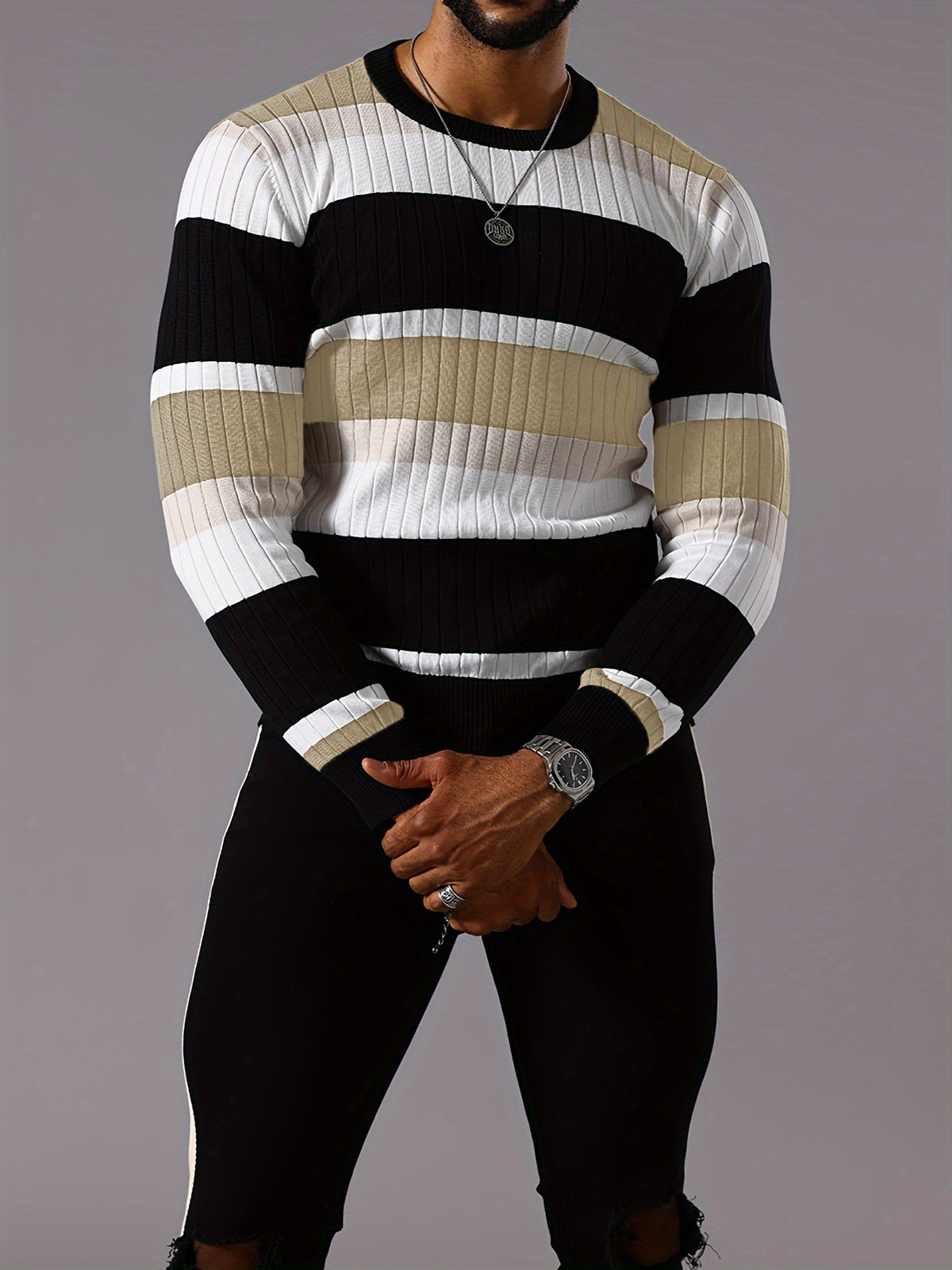 Men’s Striped Ribbed Knit Sweater – Color-Block Fall Winter Pullover