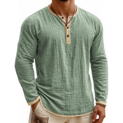 Chemise Henley Homme à Manches Longues Slim Fit à 3 Boutons et Imprimé Numérique Bicolore