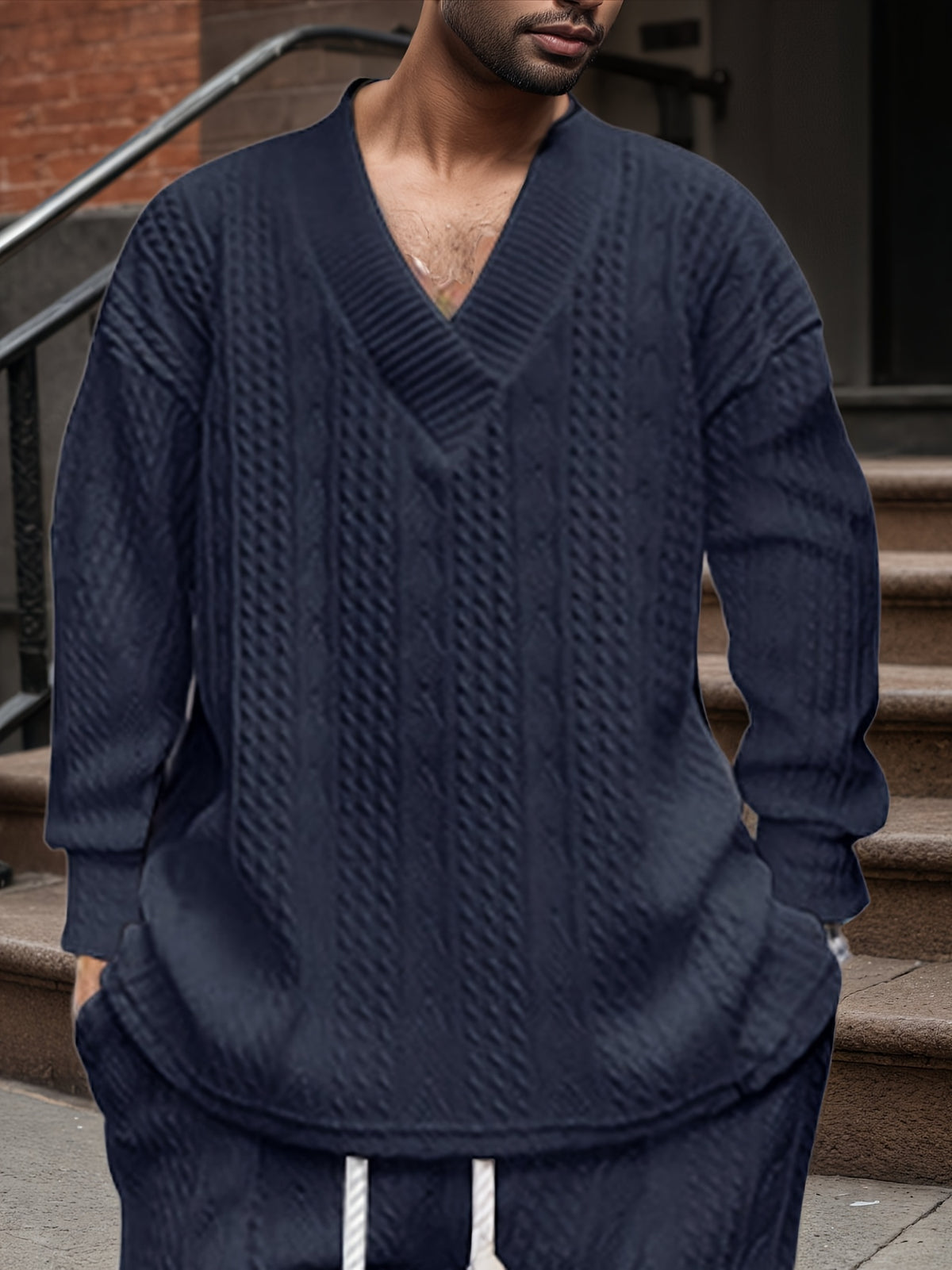 Men’s V-Neck Knit Sweater – Jacquard Rib Casual Pullover